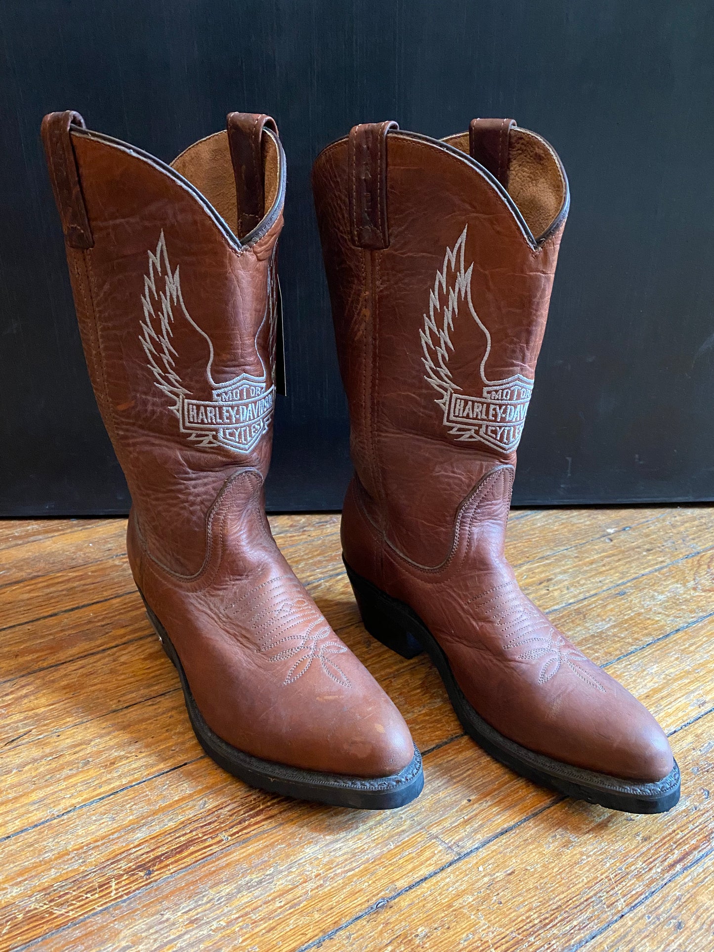 Vintage Harley Davidson Brown Leather Logo Cowboy Boots