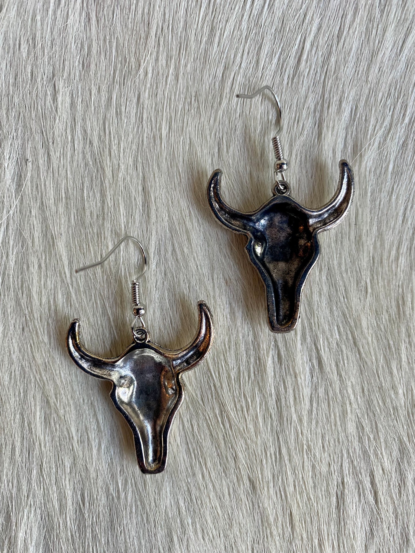 Large Silver Steer Skull Earrings