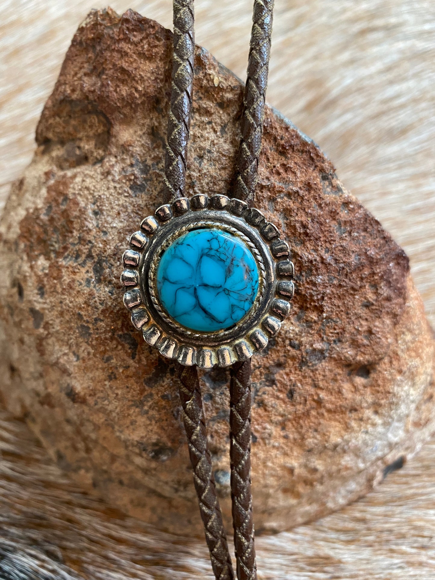 Faux Turquoise Brown Leather Bolo Tie