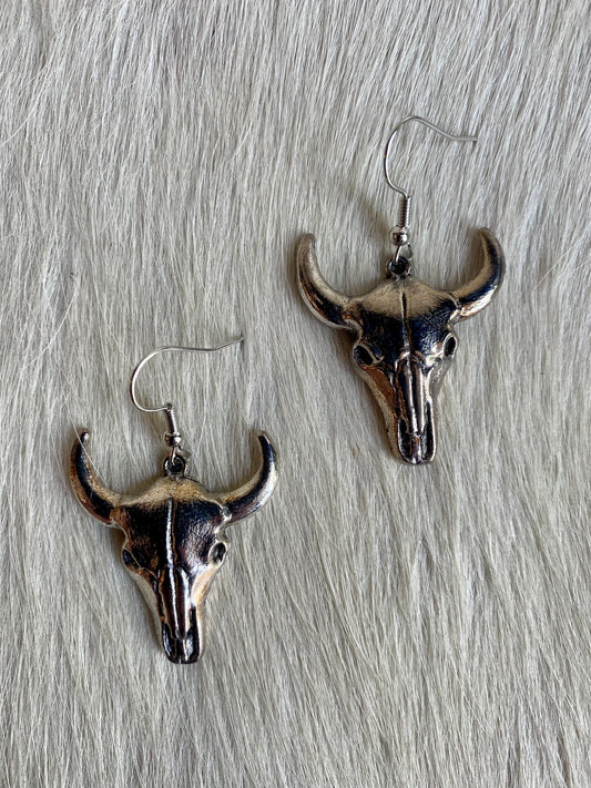Large Silver Steer Skull Earrings