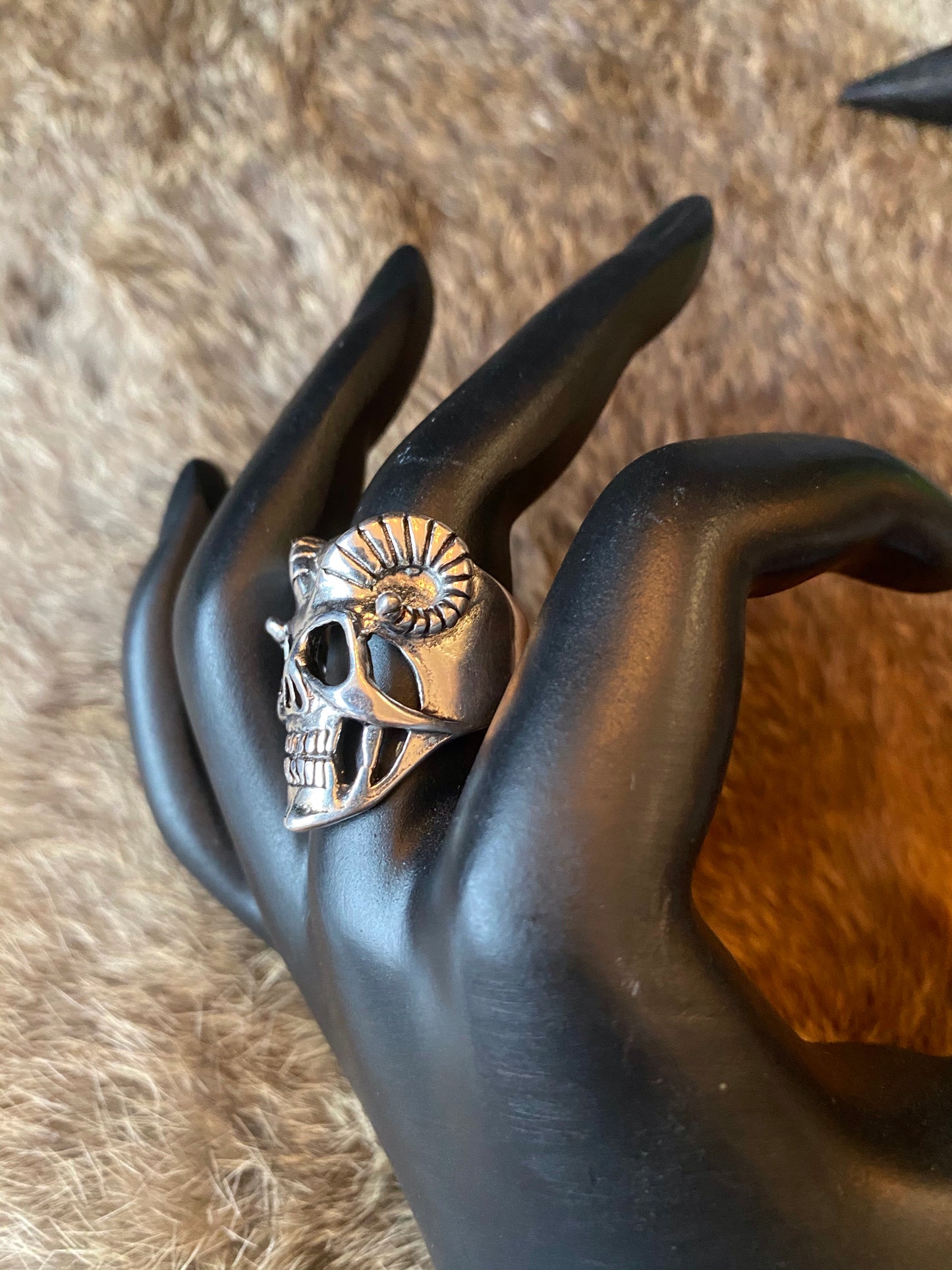 Vintage Sterling Silver Skull With Horns Biker Ring