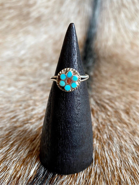 Vintage Sterling Silver Turquoise & Coral Flower Ring