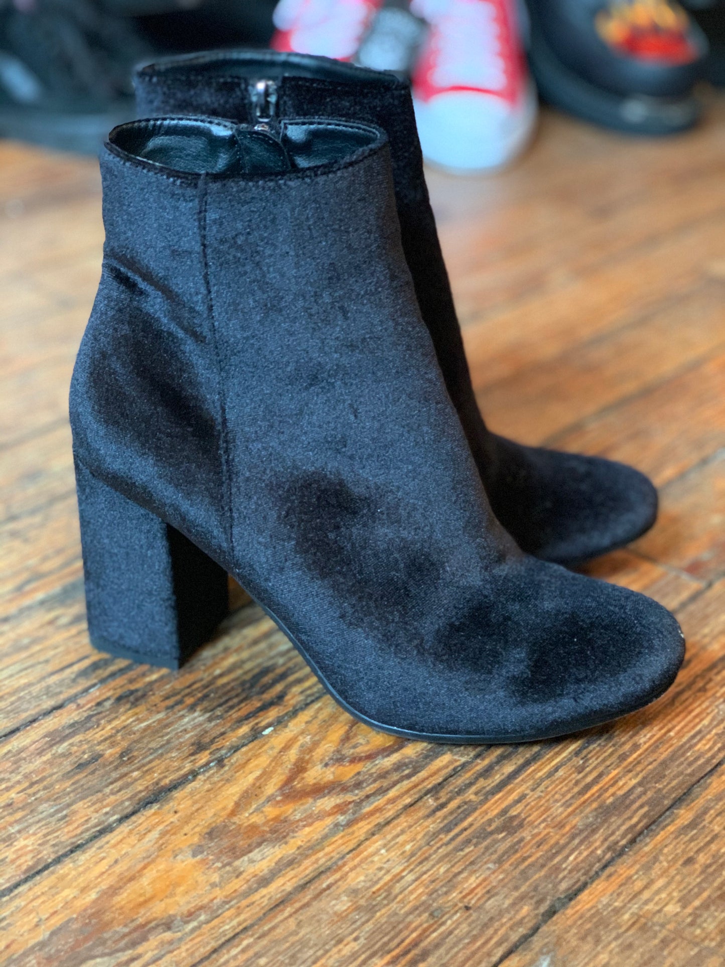 Black Velvet Chunky Heel Ankle Boots