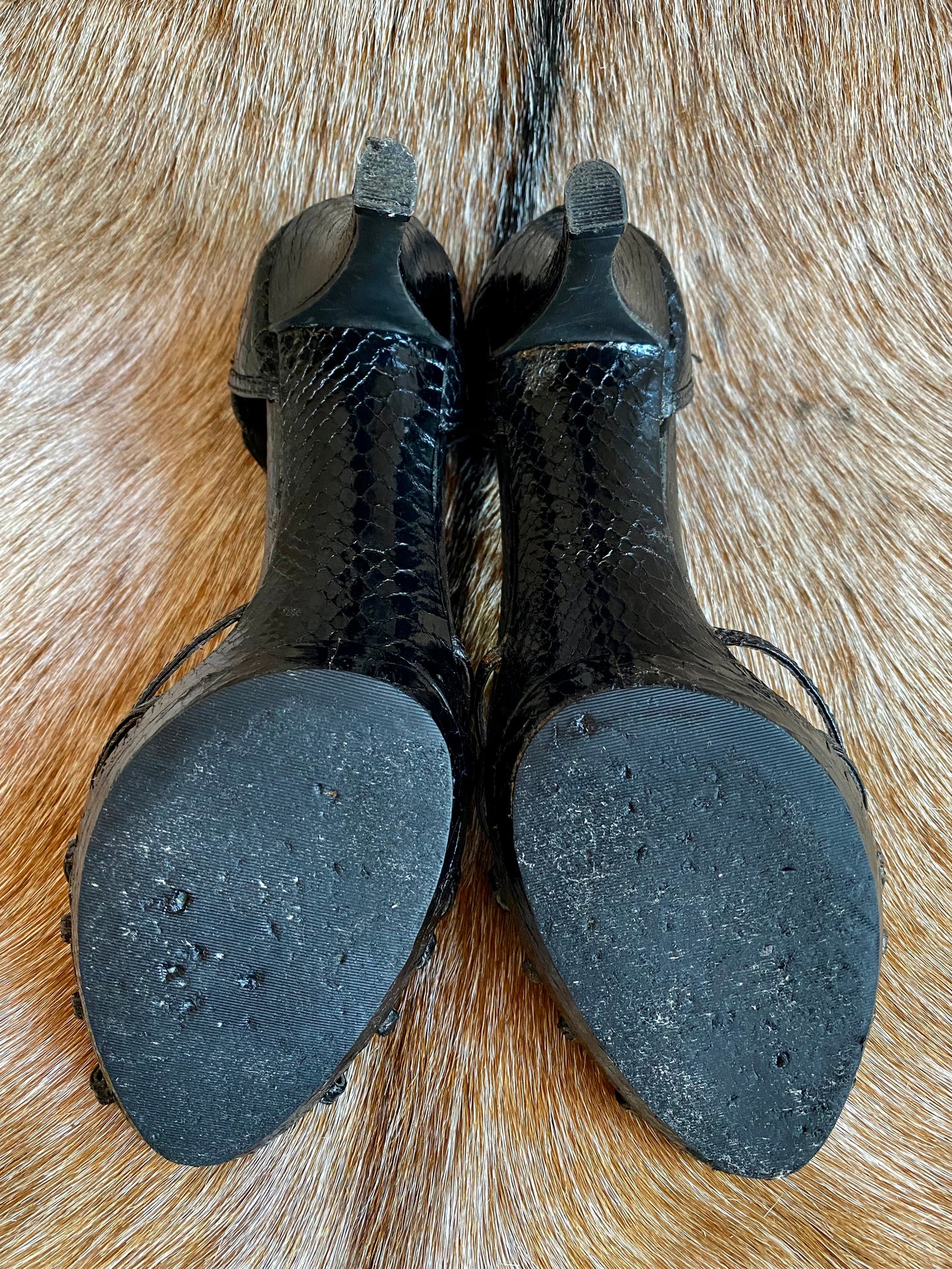 Black Shiny Vinyl Faux Snakeskin Heels