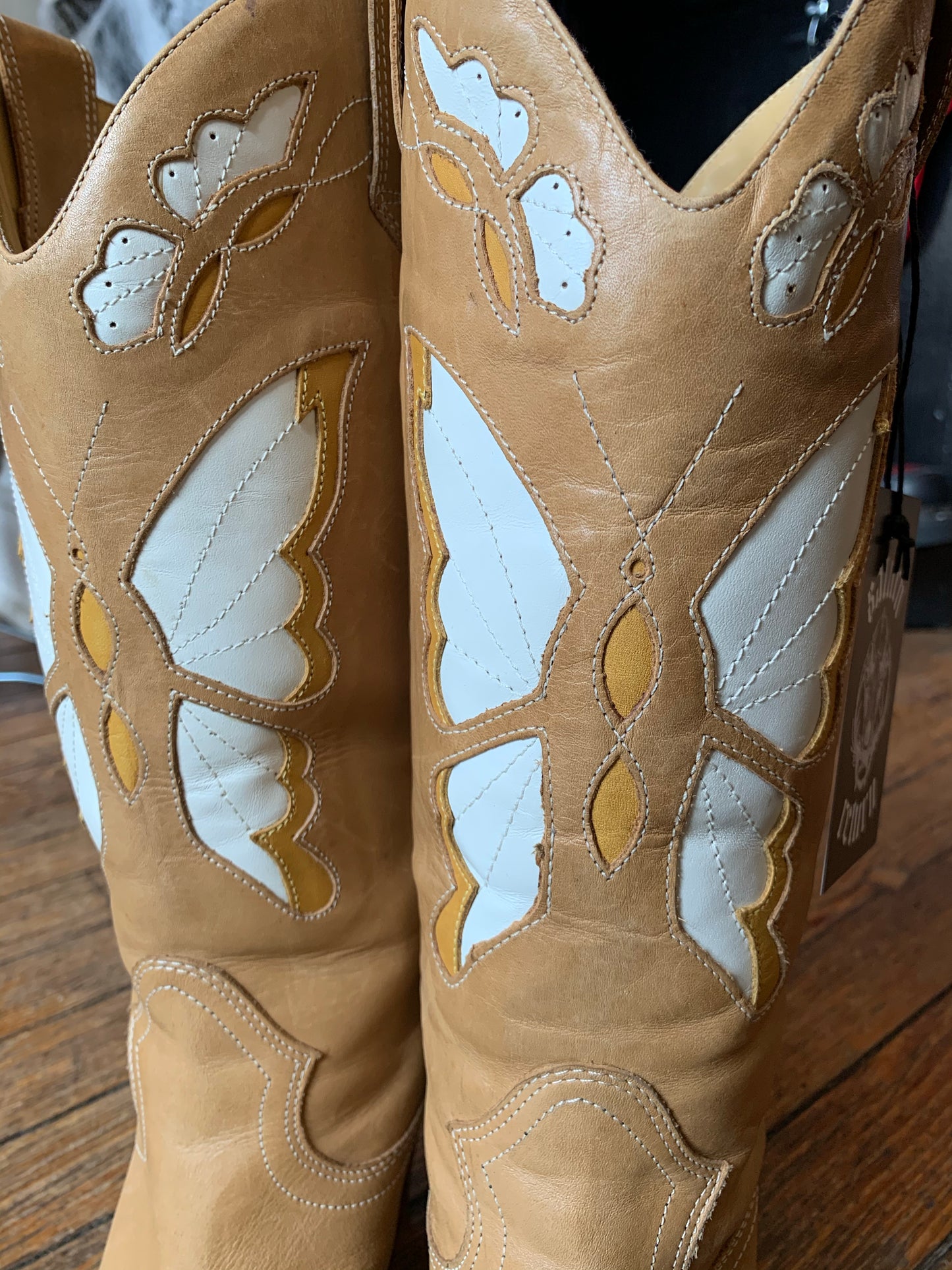 Tan Butterfly High Heeled Cowboy Boots