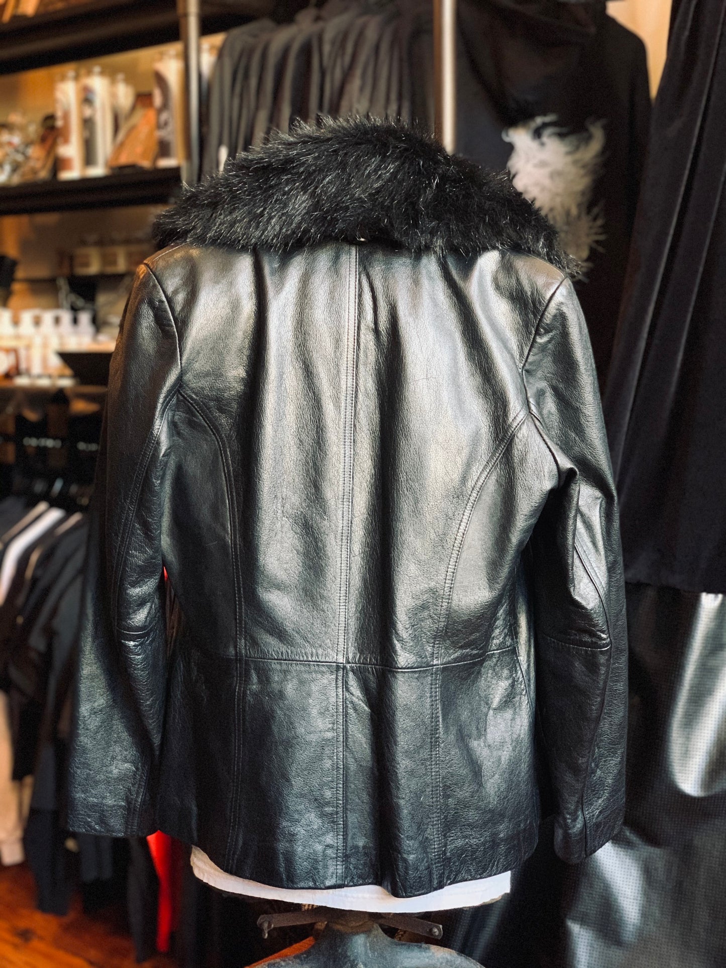 Wilson’s Black Leather Coat w/ Black Faux Fur Collar