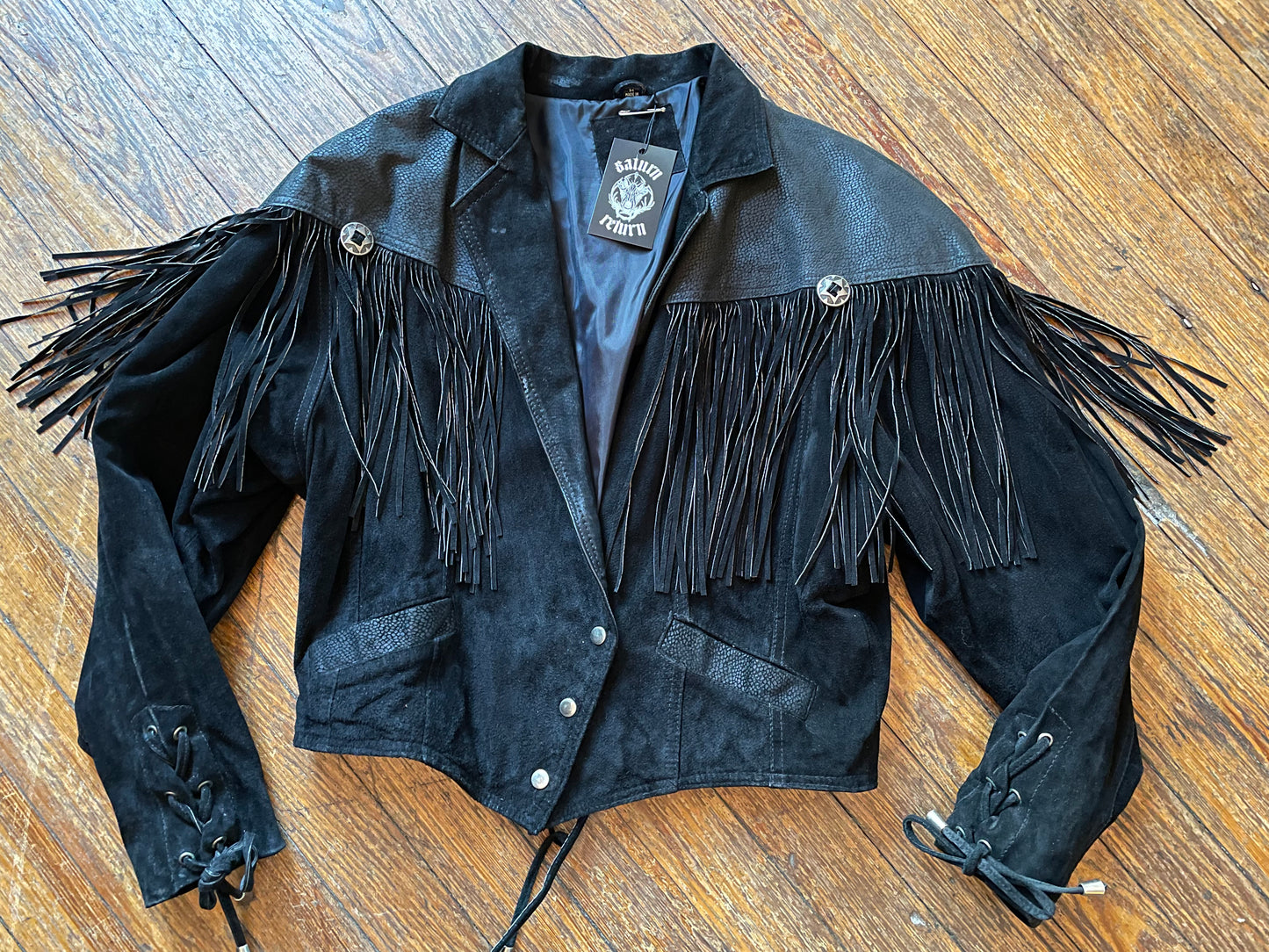 Vintage Black Leather Suede Fringe Western Jacket