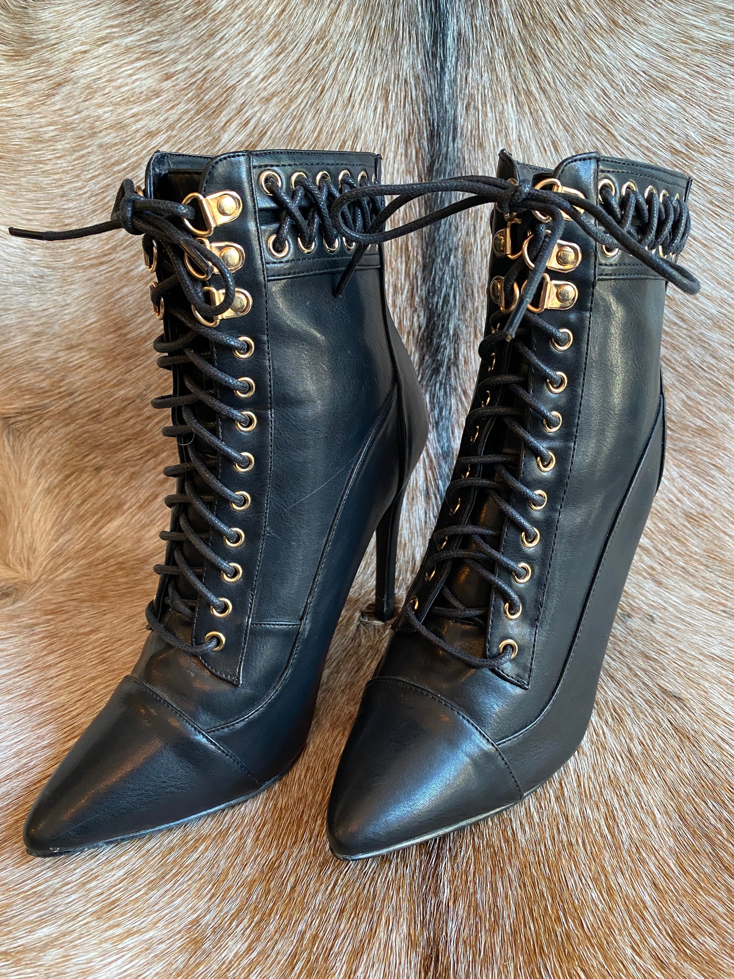 Black Faux Leather Lace Up Witchy High Heels