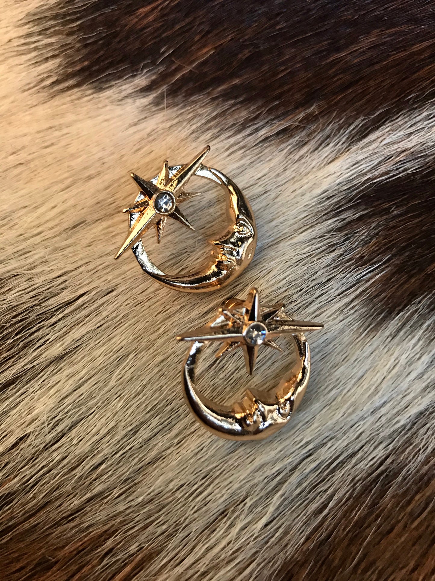Gold Tone Crescent Moon and Star Earrings