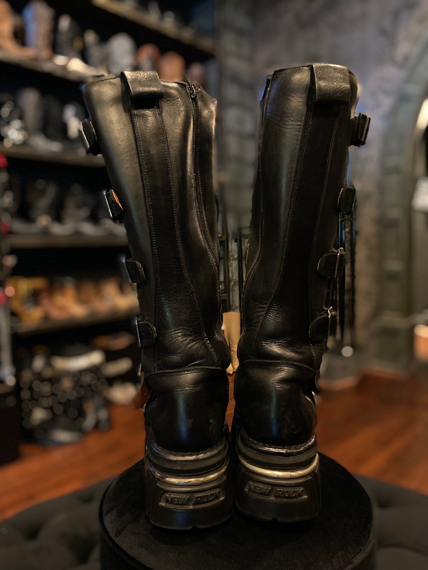 Vintage New Rock Tall Black Heavy Metal Shield Platform Boots