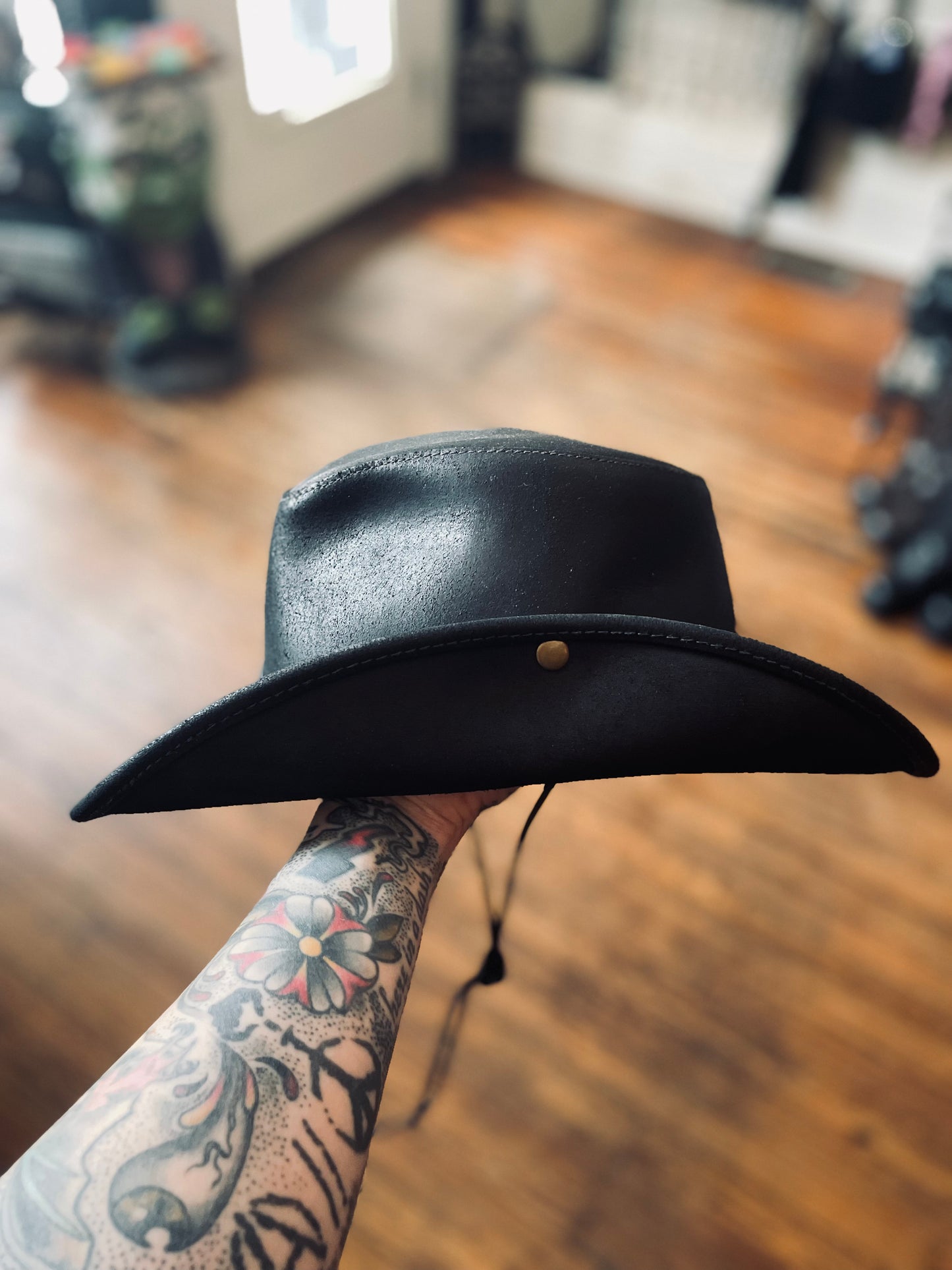 Henschel Hat Co. Black Leather Side Snap Cowboy Hat