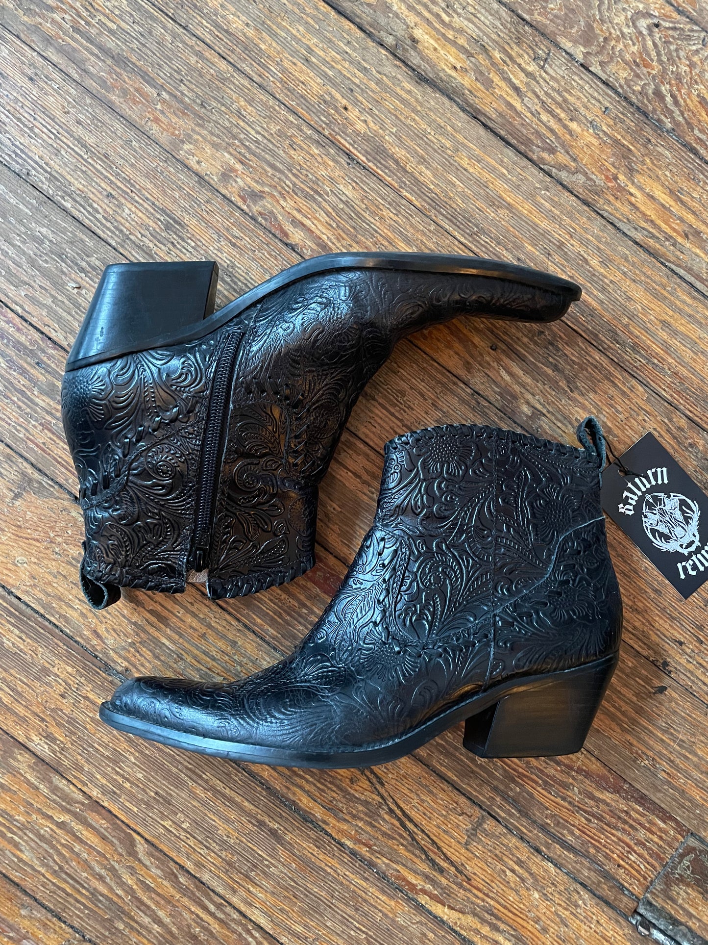 Black Leather Floral Embossed Western Ankle Boots