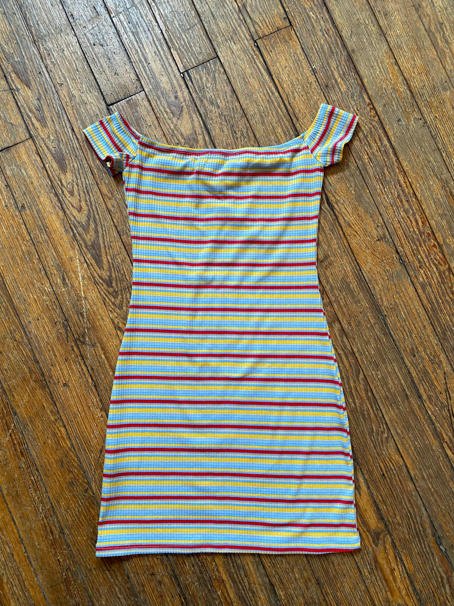 Urban Outfitters Blue, Red, and Yellow Striped Off the Shoulder Mini Dress