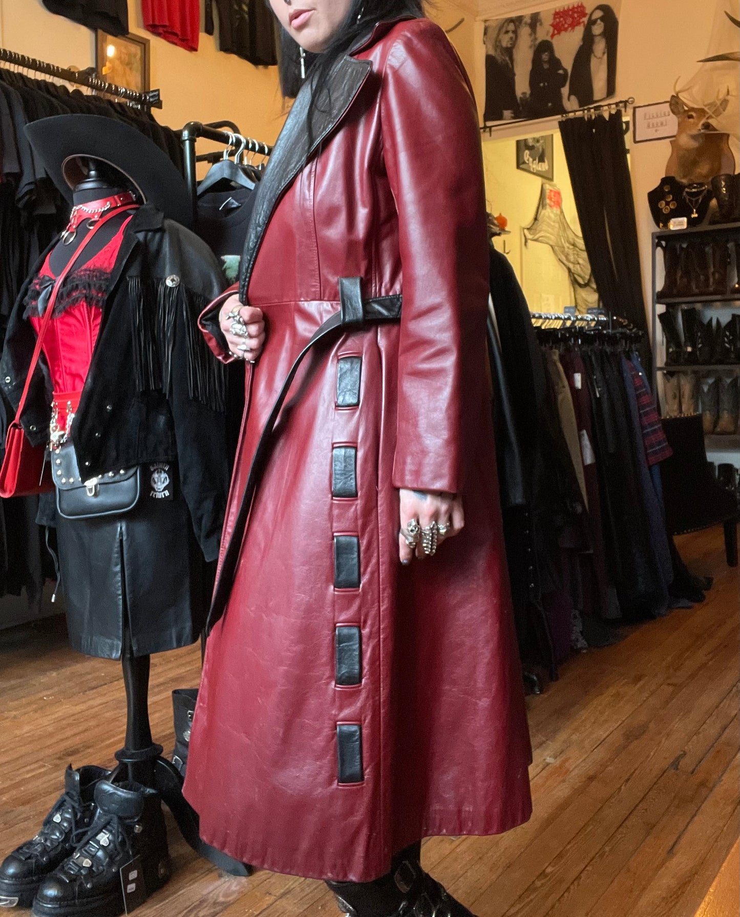 Long Oxblood Leather Trench Coat