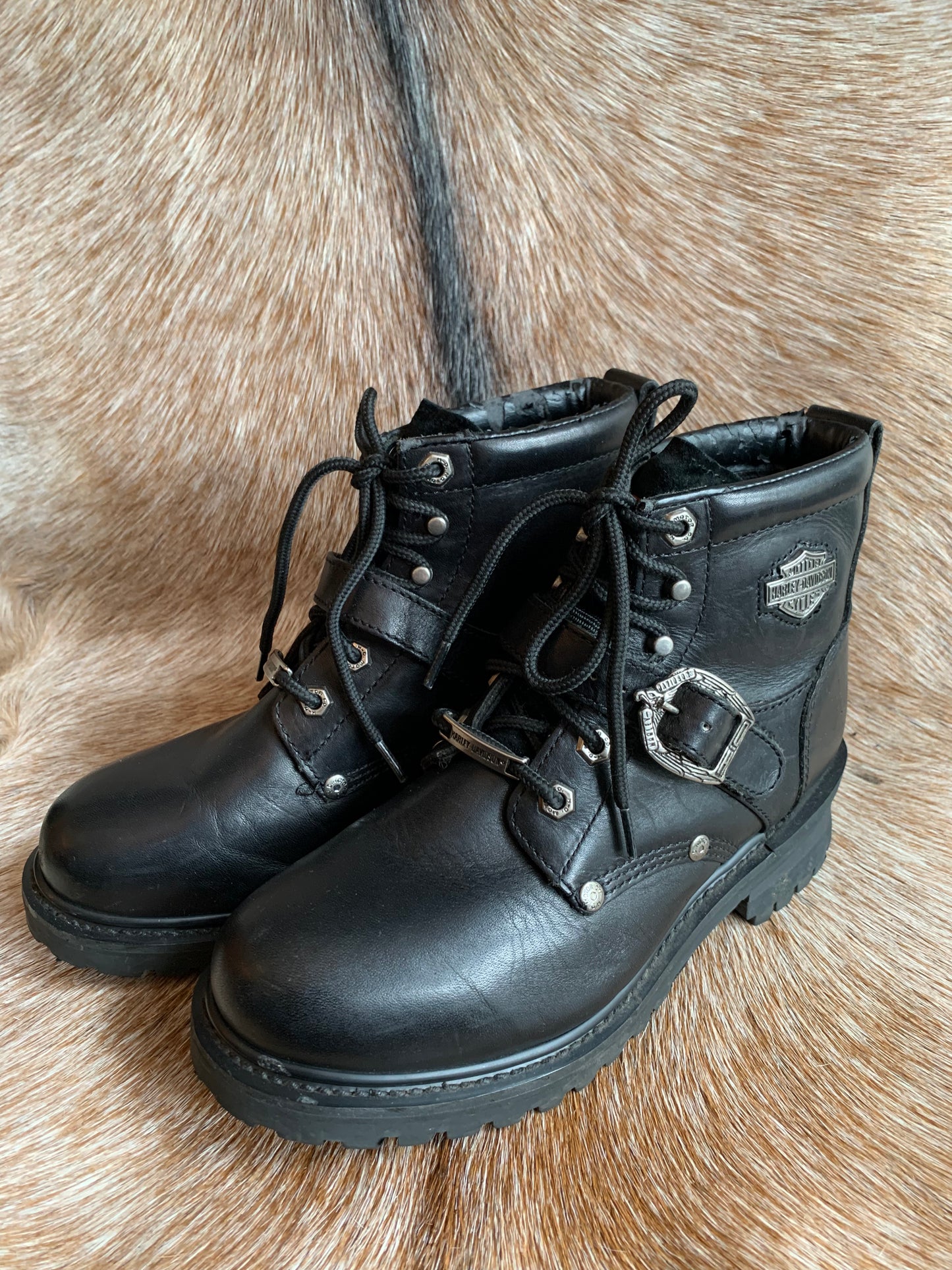 Harley-Davidson Black Leather Steel Toe Lace-up Buckle Ankle Boots