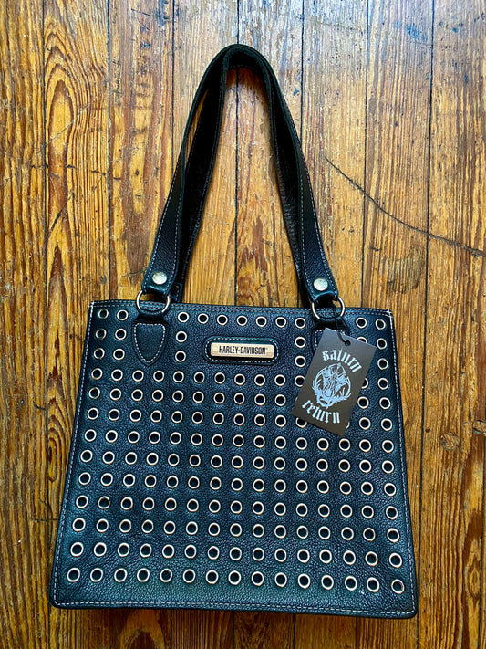 Rare Vintage Harley-Davidson Black Leather Eyelet Shoulder Bag