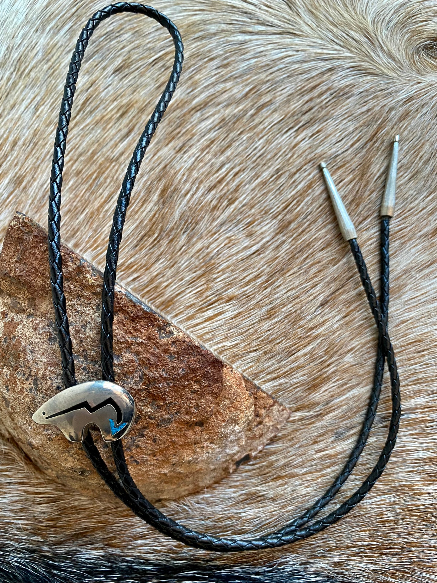 Navajo Bear w/ Turquoise & Onyx Accent Bolo Tie