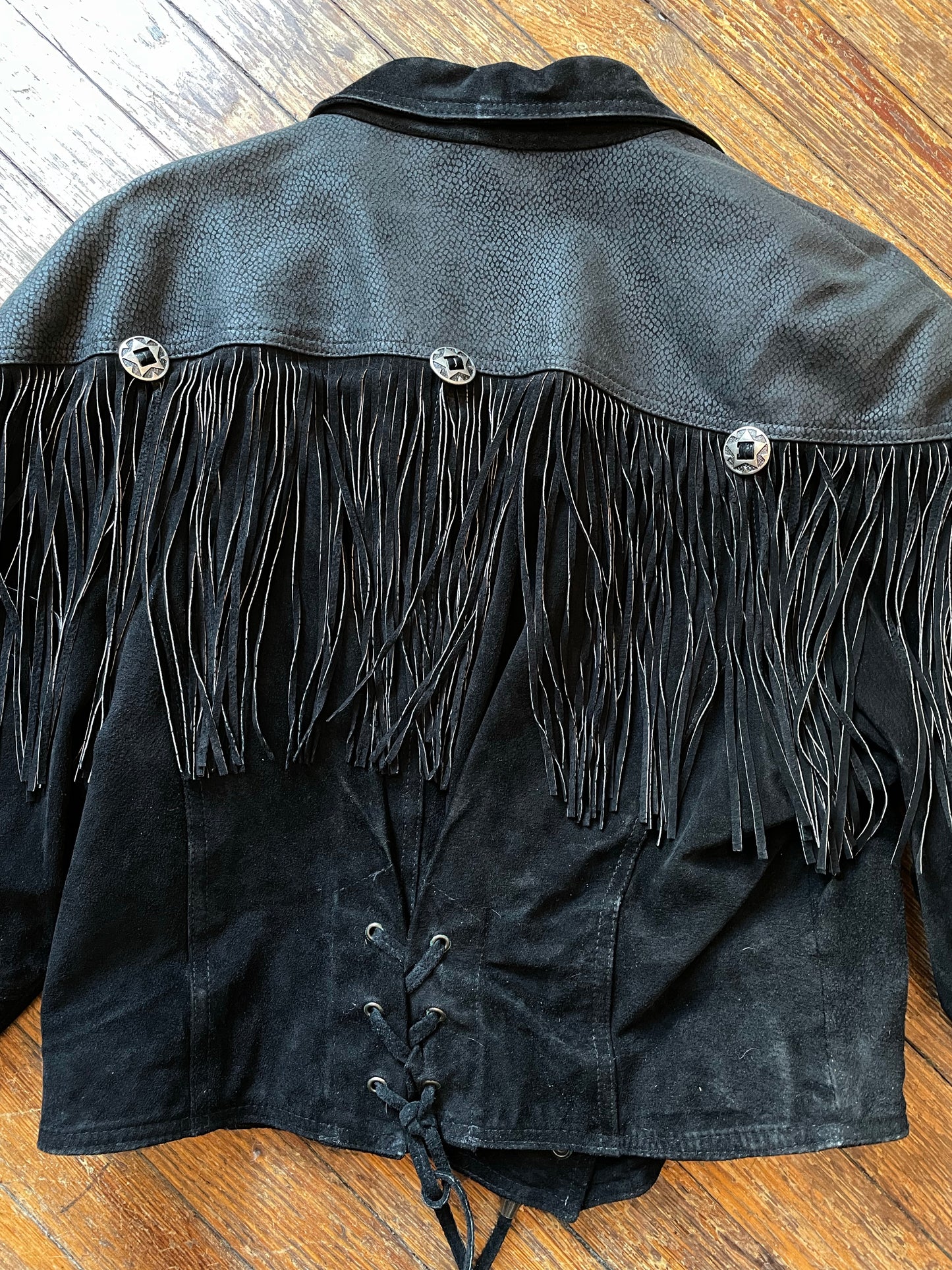 Vintage Black Leather Suede Fringe Western Jacket