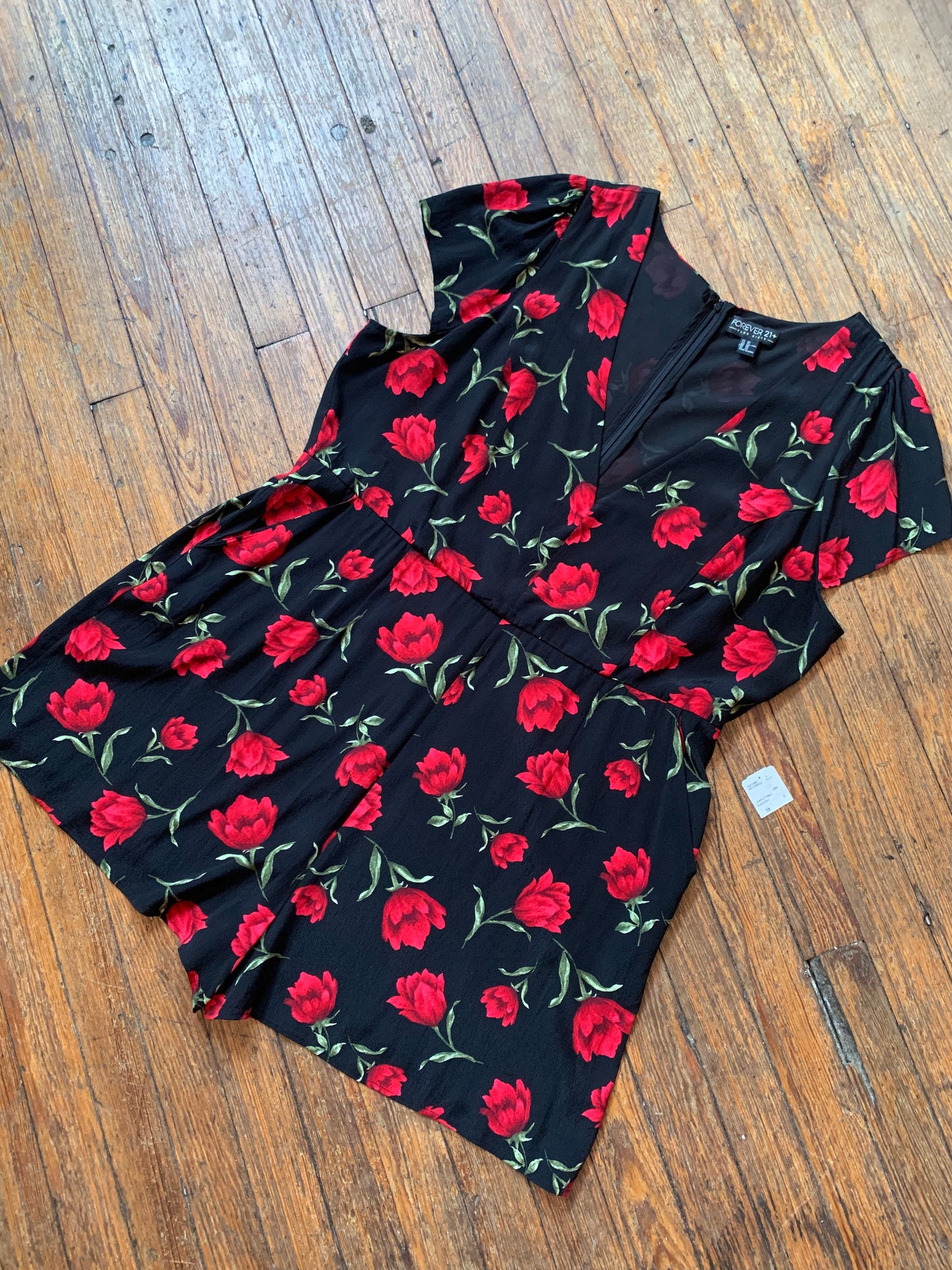 NWT Plus Size Black and Red Floral Romper
