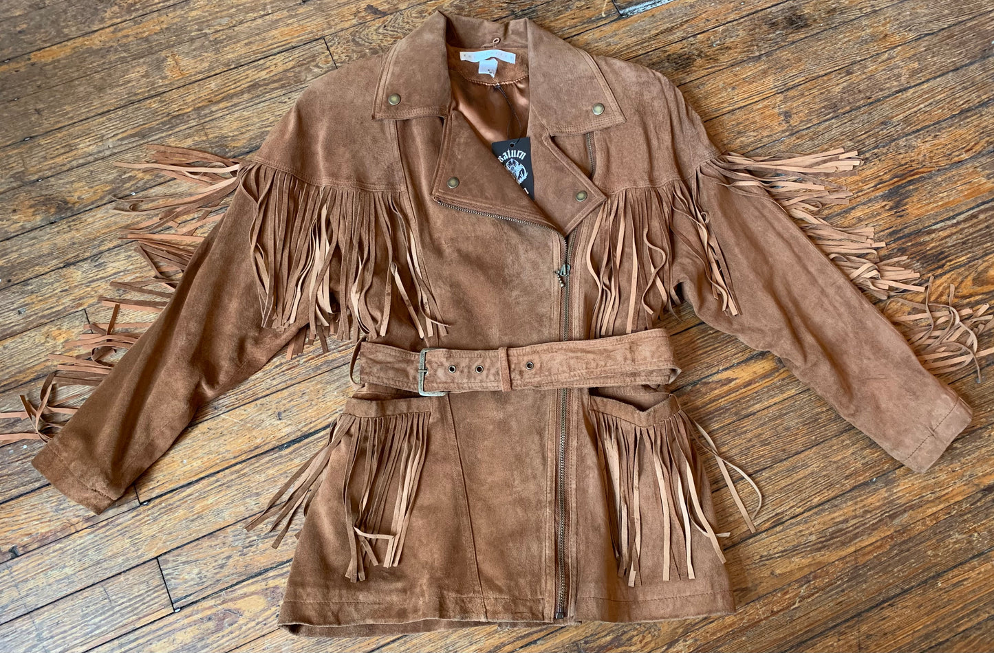 The Limited Light Brown Suede Leather Fringe Motorcycle Jacket
