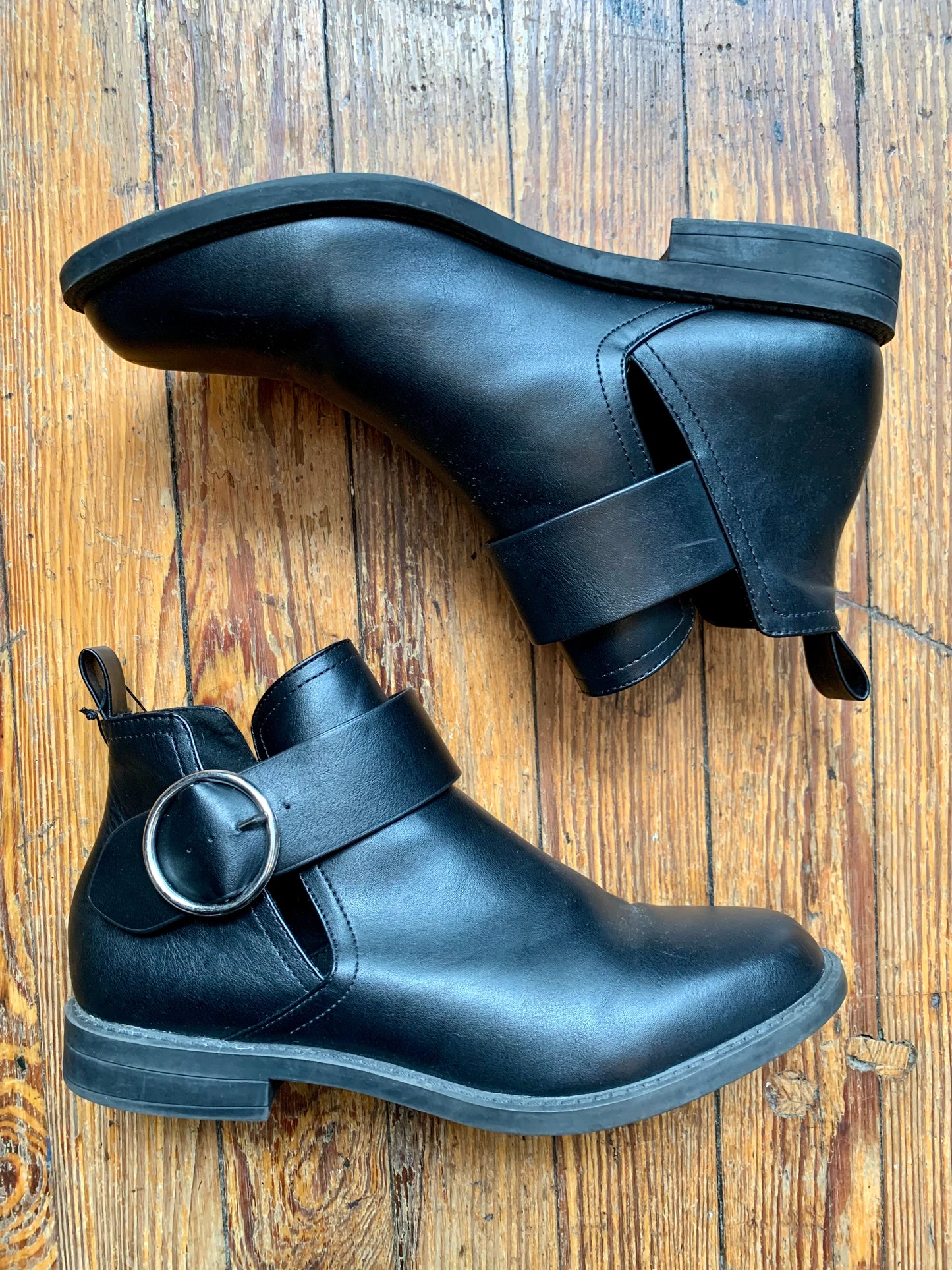 Black Faux Leather Buckle Cut-Out Booties