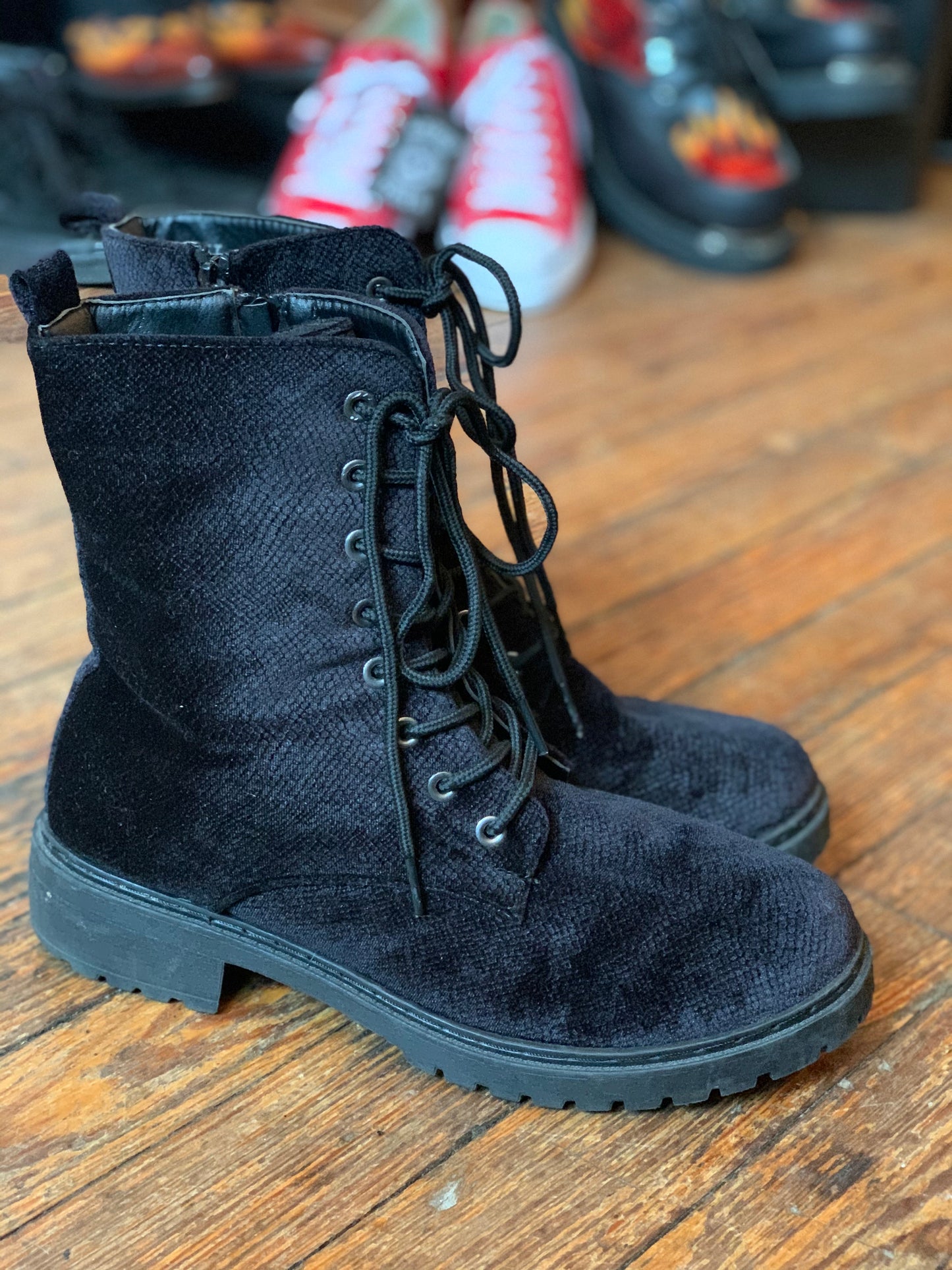 Black Velvet Zip Combat Boots