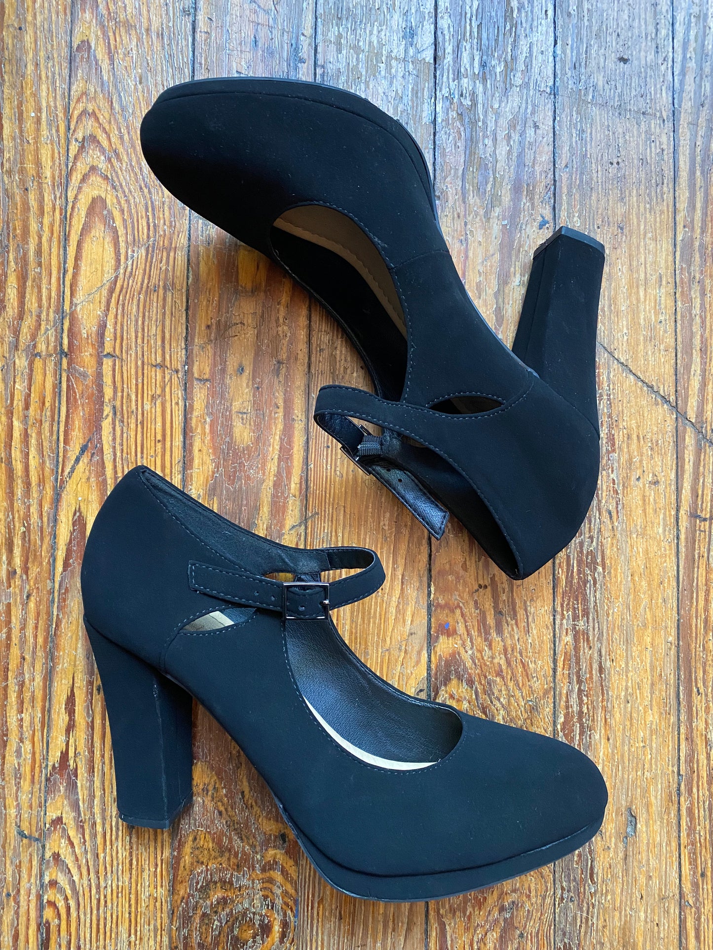 Black Faux Suede Mary Jane Style Chunky Heels