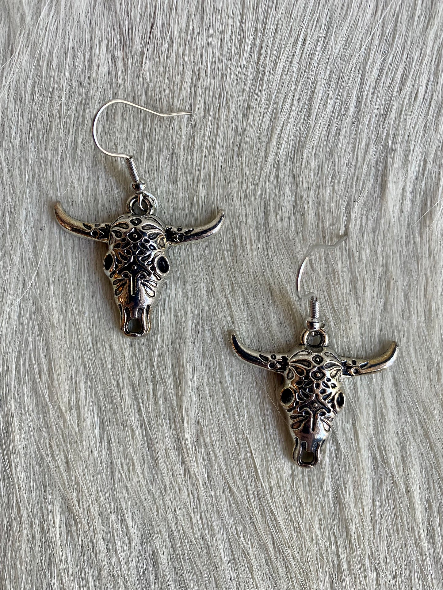 Engraved Western Silver Steer Skull Earrings