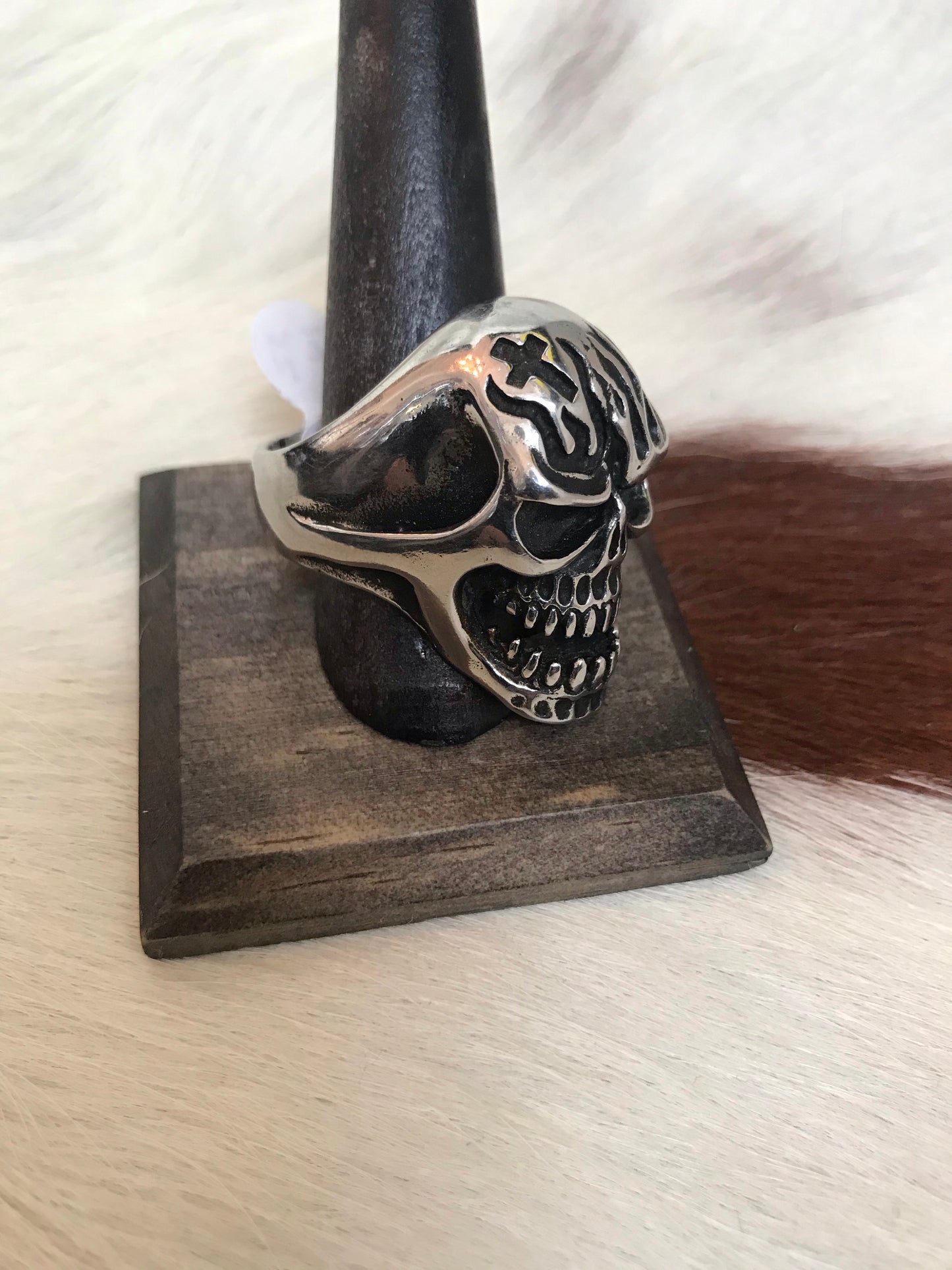 Large Stainless Steel Flame Skull Biker Ring