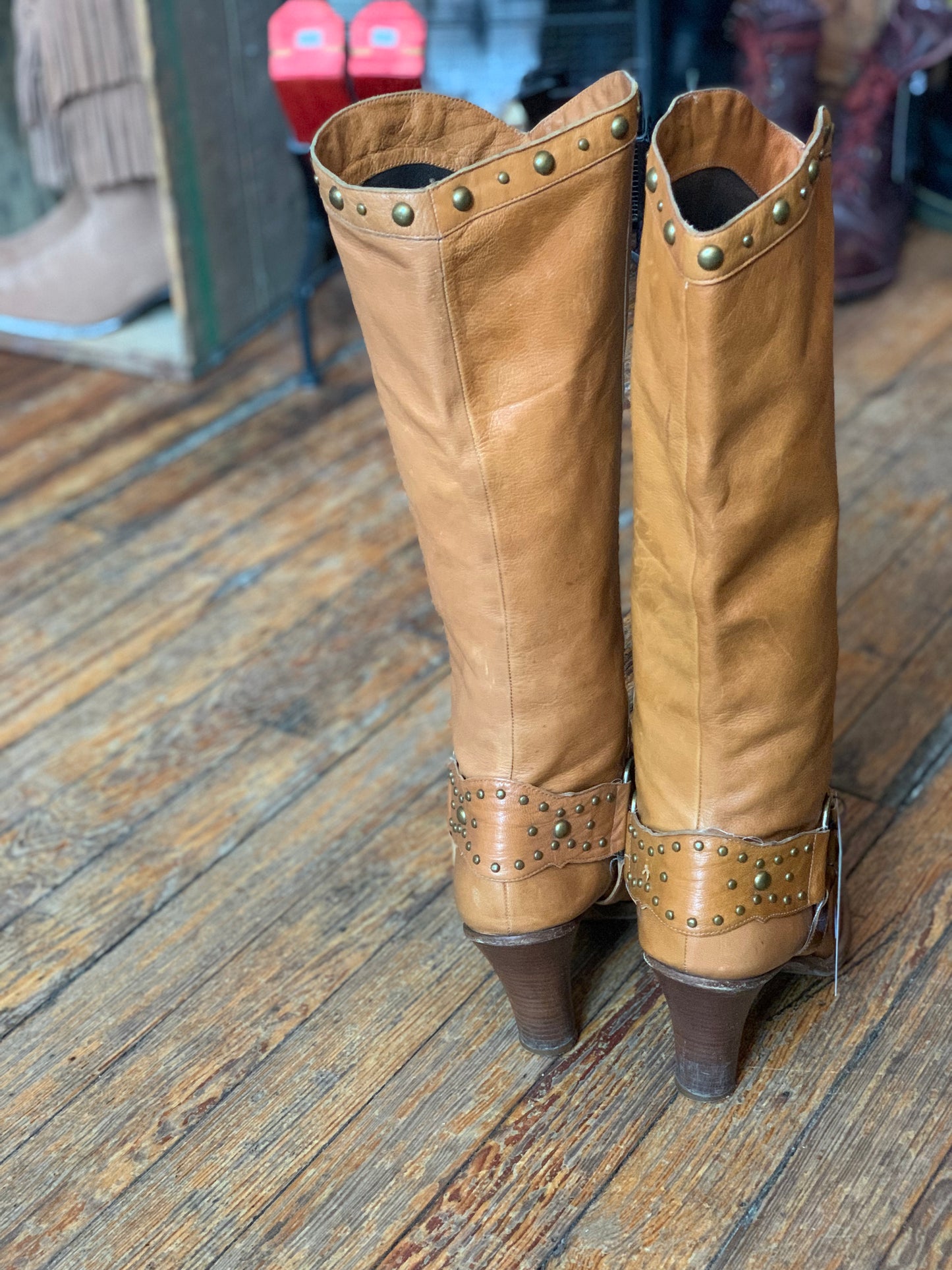 Western Tan Leather Buffalo Nickel Harness Heeled Boots
