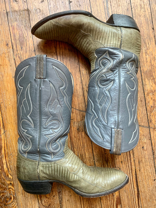 Hondo Grey and Green Lizard Skin Cowboy Boots