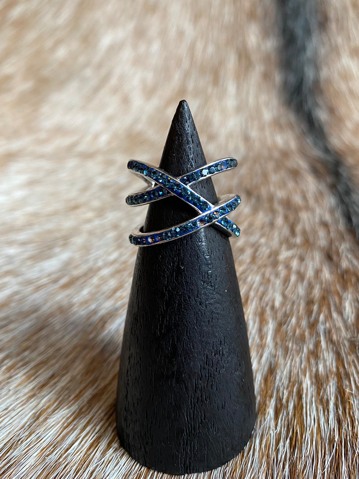Blue Crystal Sterling Silver Criss Cross Ring