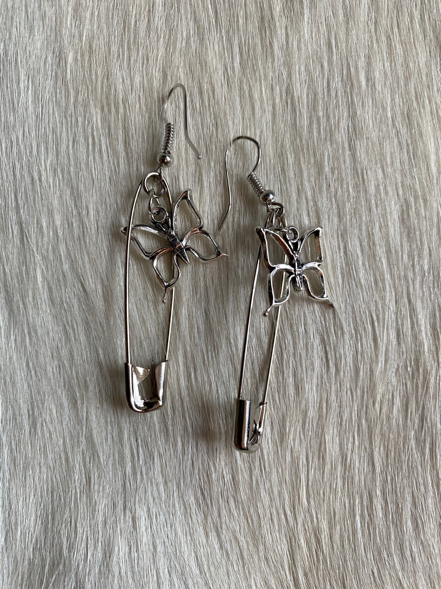 Silver Safety Pin Butterfly Earrings