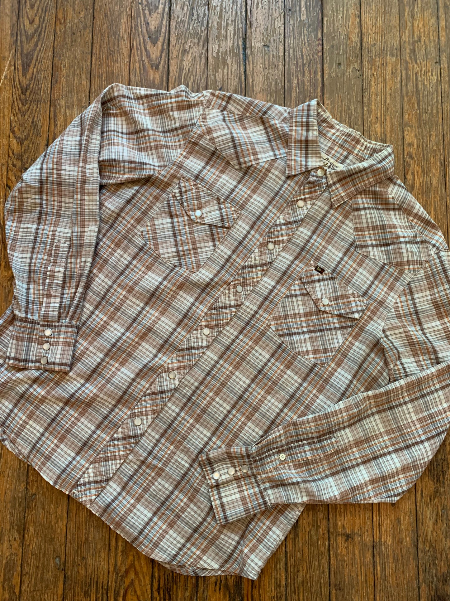 Vintage Tao’s Brown and Orange Plaid Western Pearl Snap Shirt