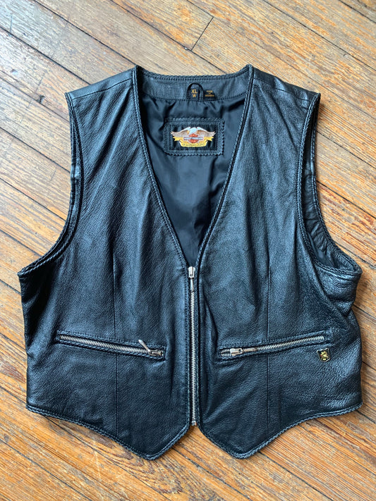 Harley Davidson Black Leather Braided Detail Moto Vest