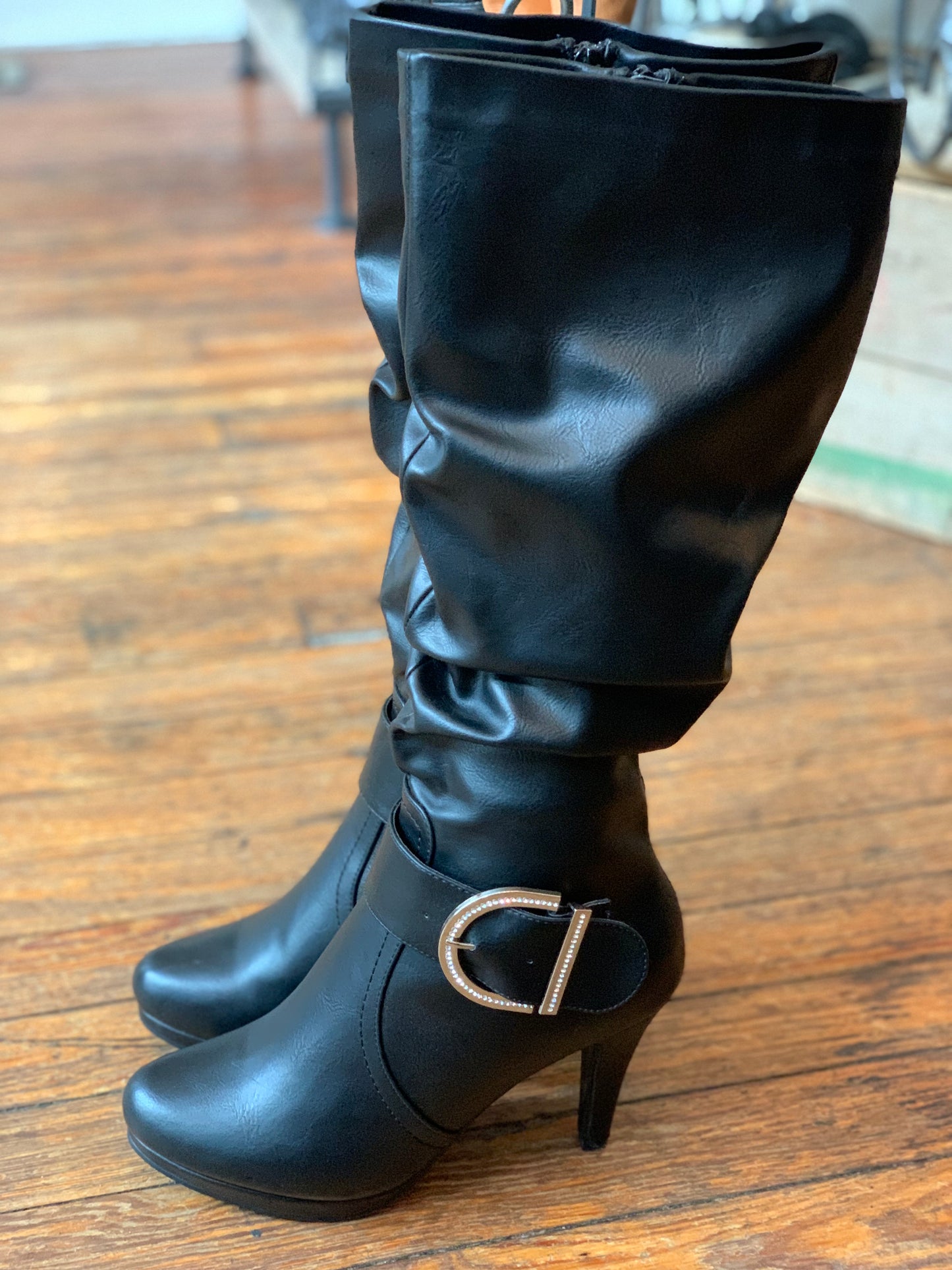 Black Vegan Leather High Heeled Faux Fur Lined Rhinestone Buckle Tall Boots