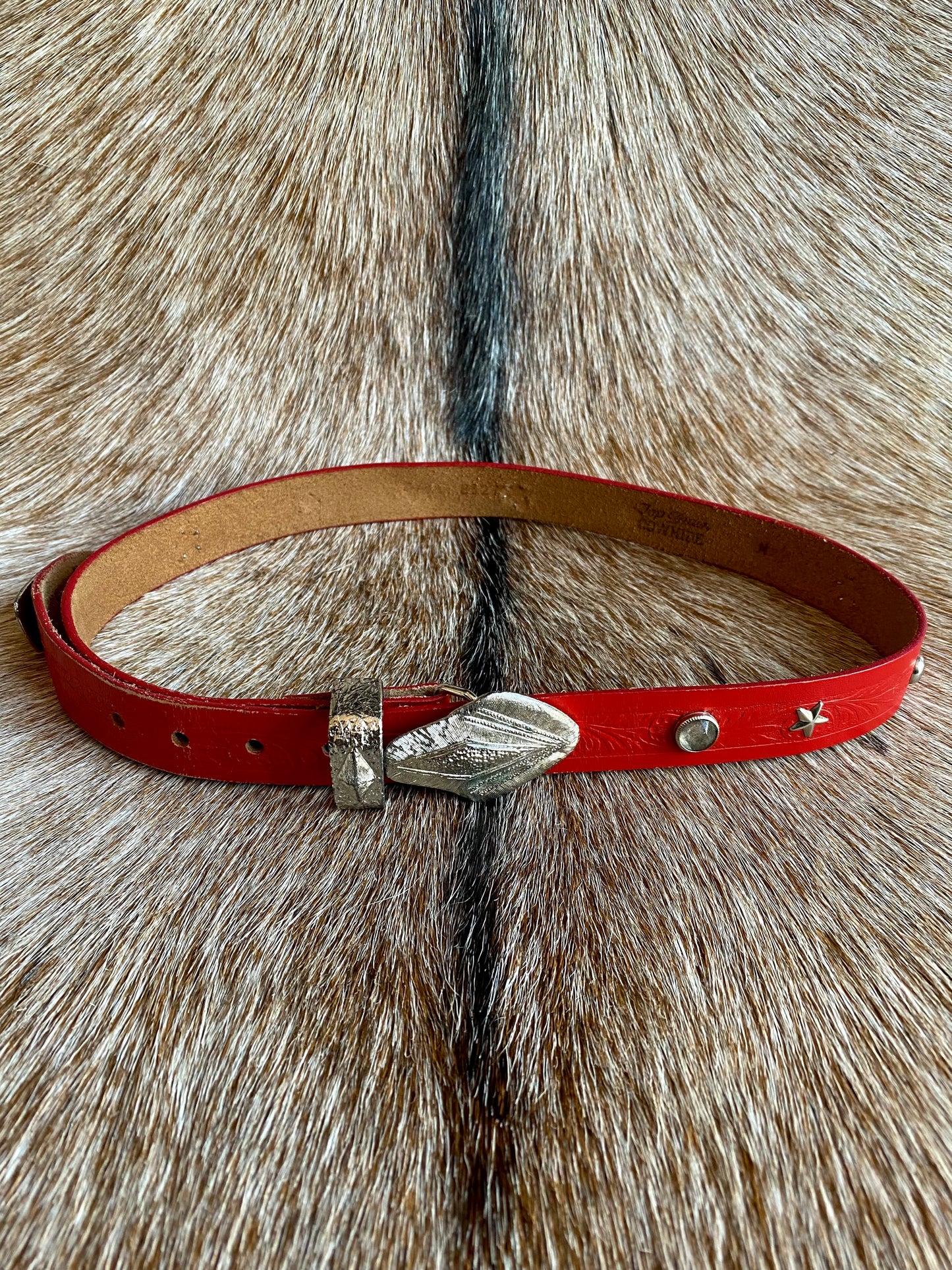 Vintage Red Leather Tooled Belt w/ Star and Jewel Accents