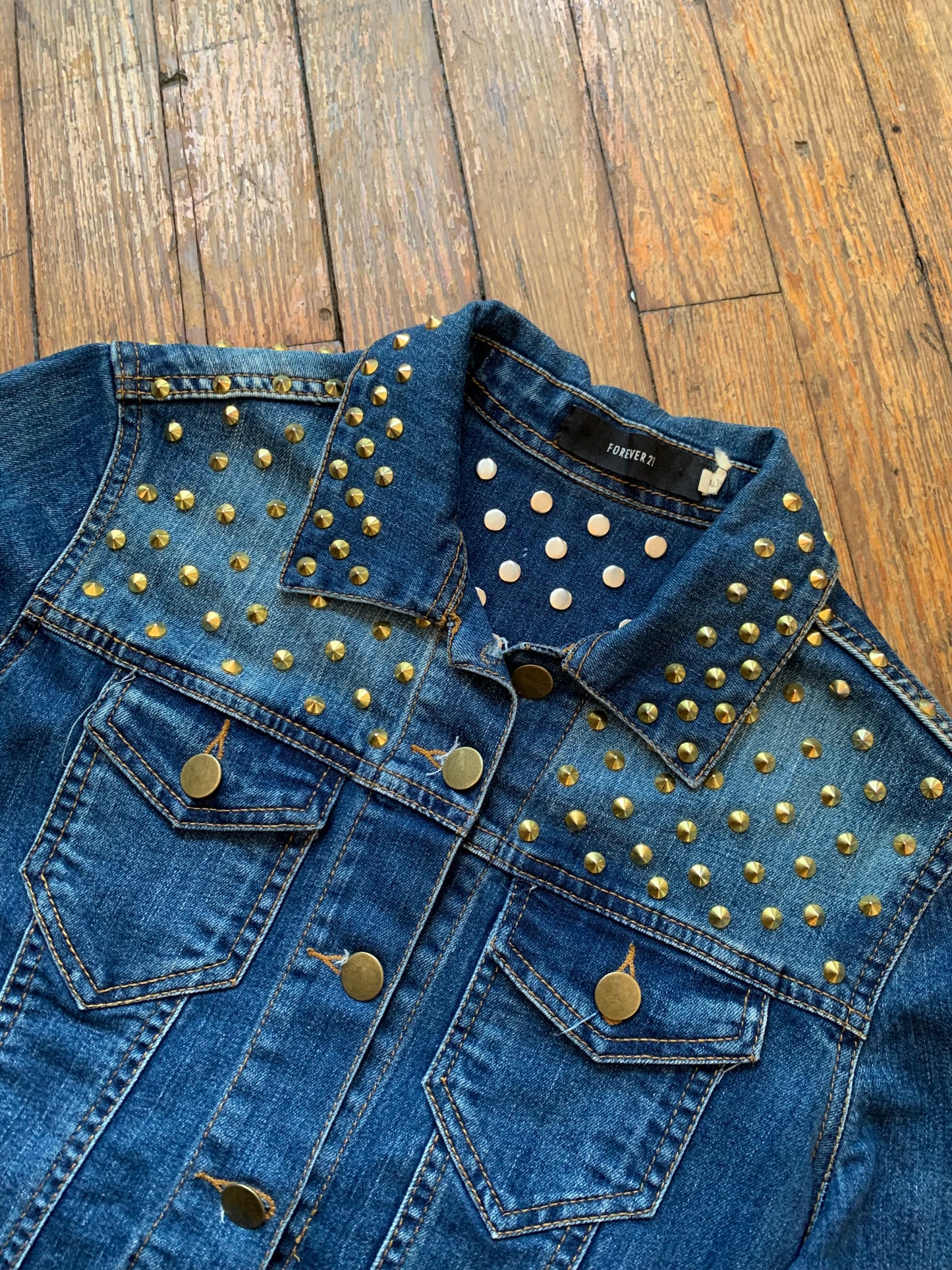 Medium Wash Blue Gold Studded Denim Jacket