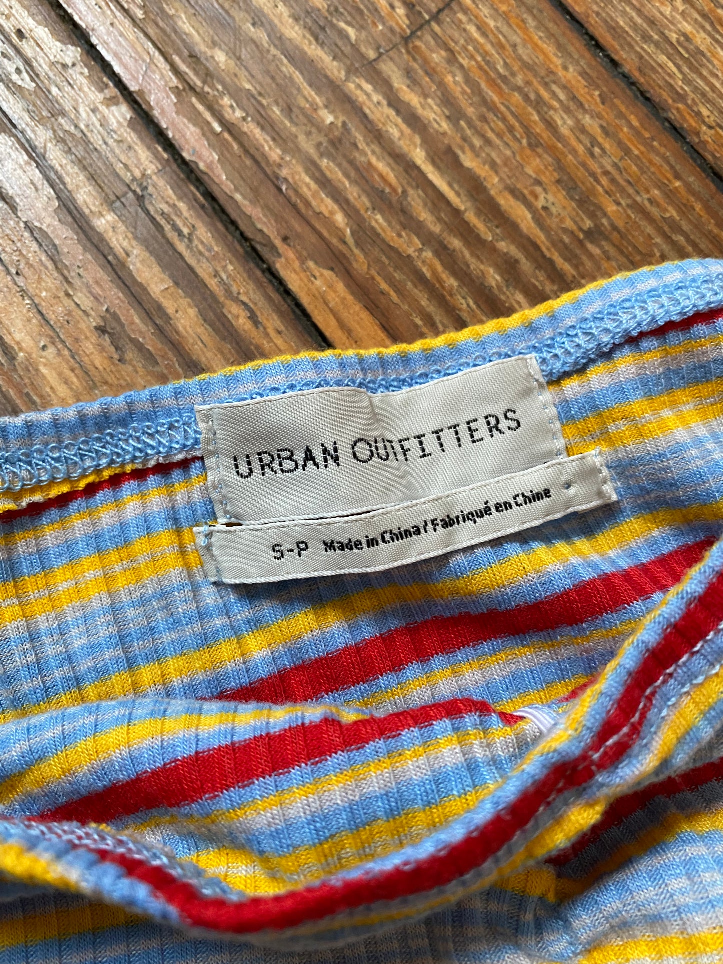 Urban Outfitters Blue, Red, and Yellow Striped Off the Shoulder Mini Dress