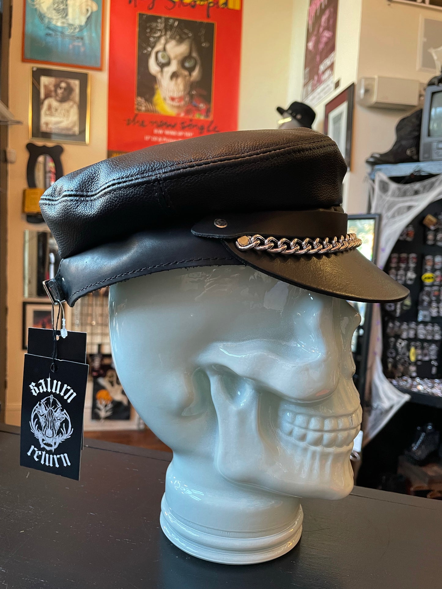NWT Classic Leather and Chain Biker Hat