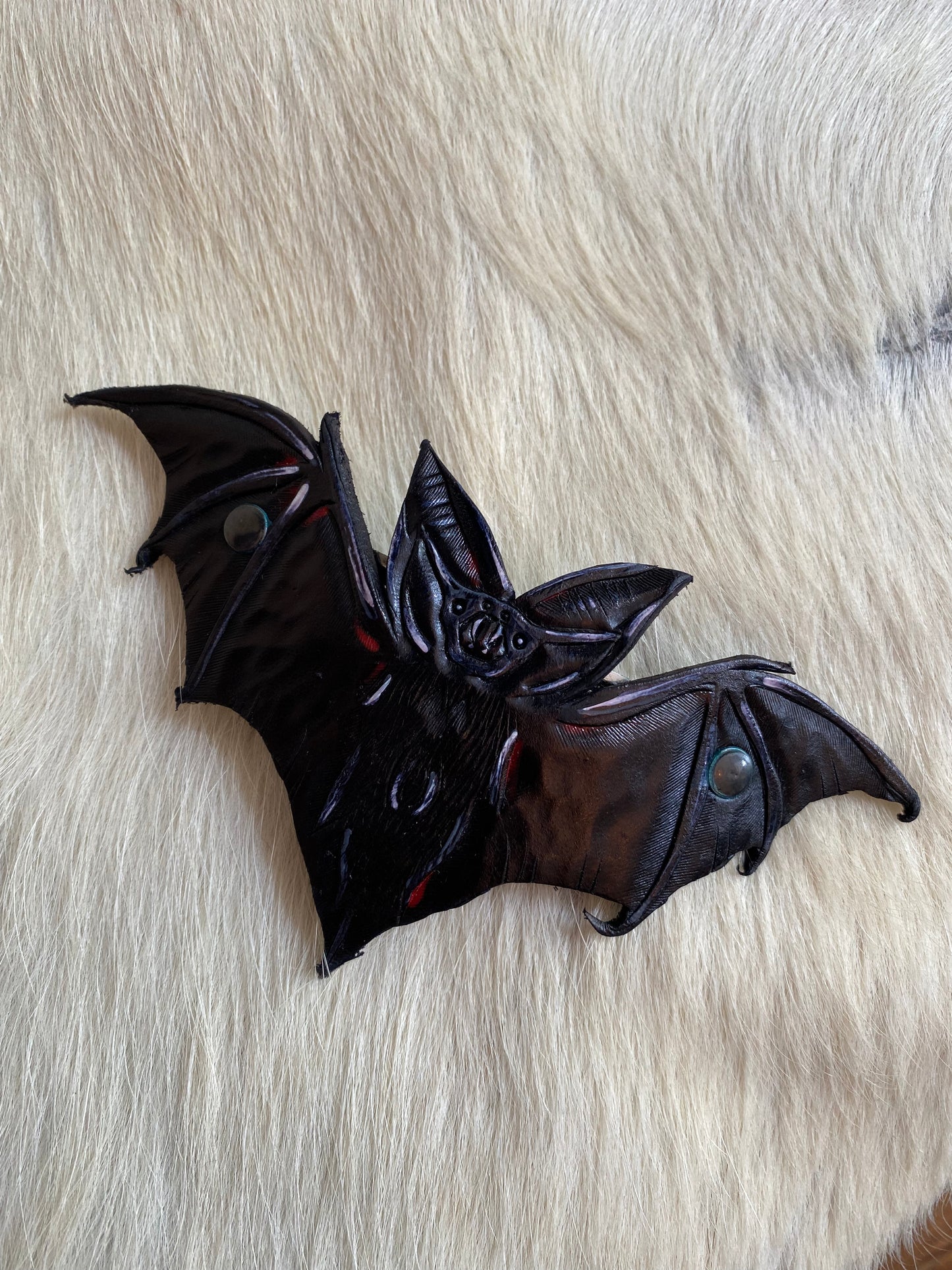 Lunation Leather Hand Tooled and Painted Leather Bat Hair Clip