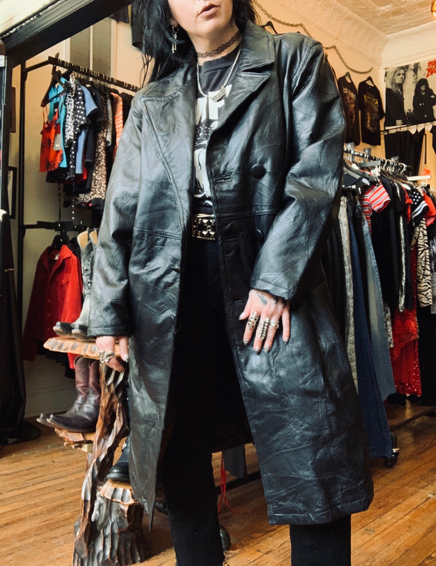 Vintage Black Leather Double-Breasted Patchwork Coat