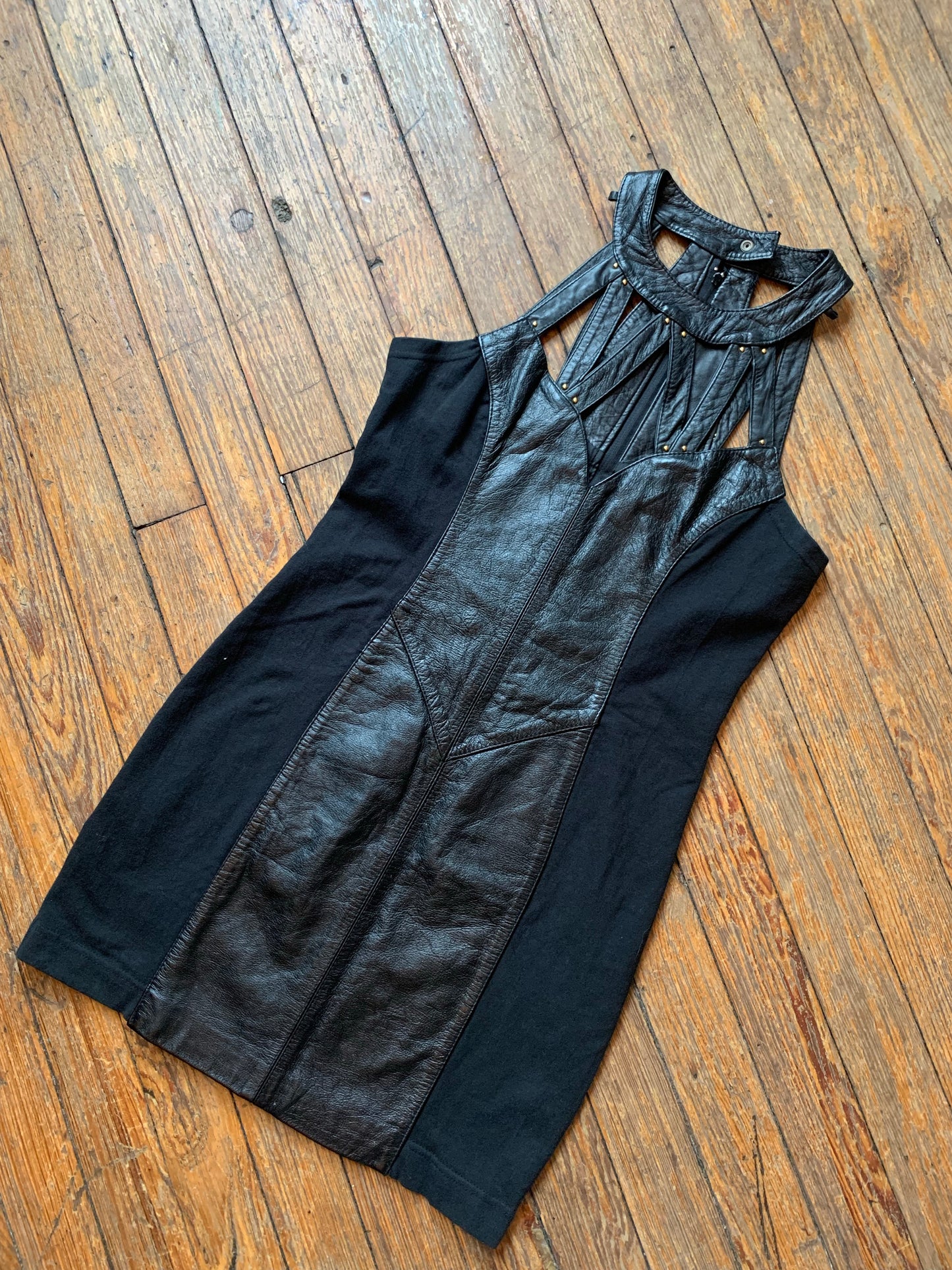 Saint Lee Black Genuine Leather Cutout Panel Bodcon Dress