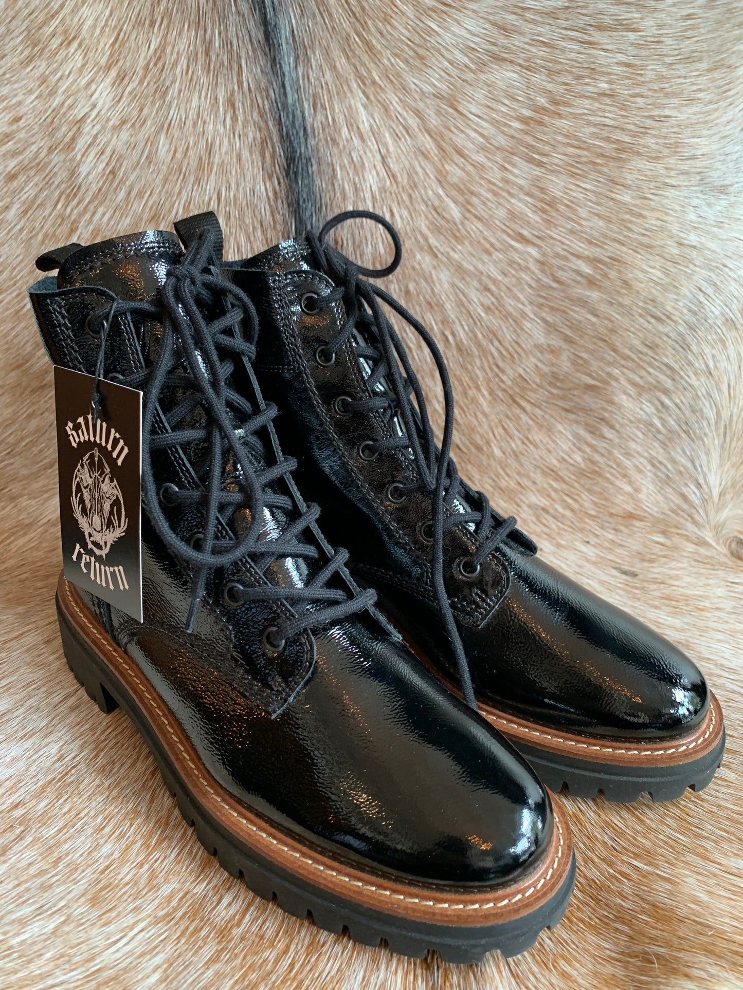 Black and Brown Paul Green Patent Lace-up Combat Boots