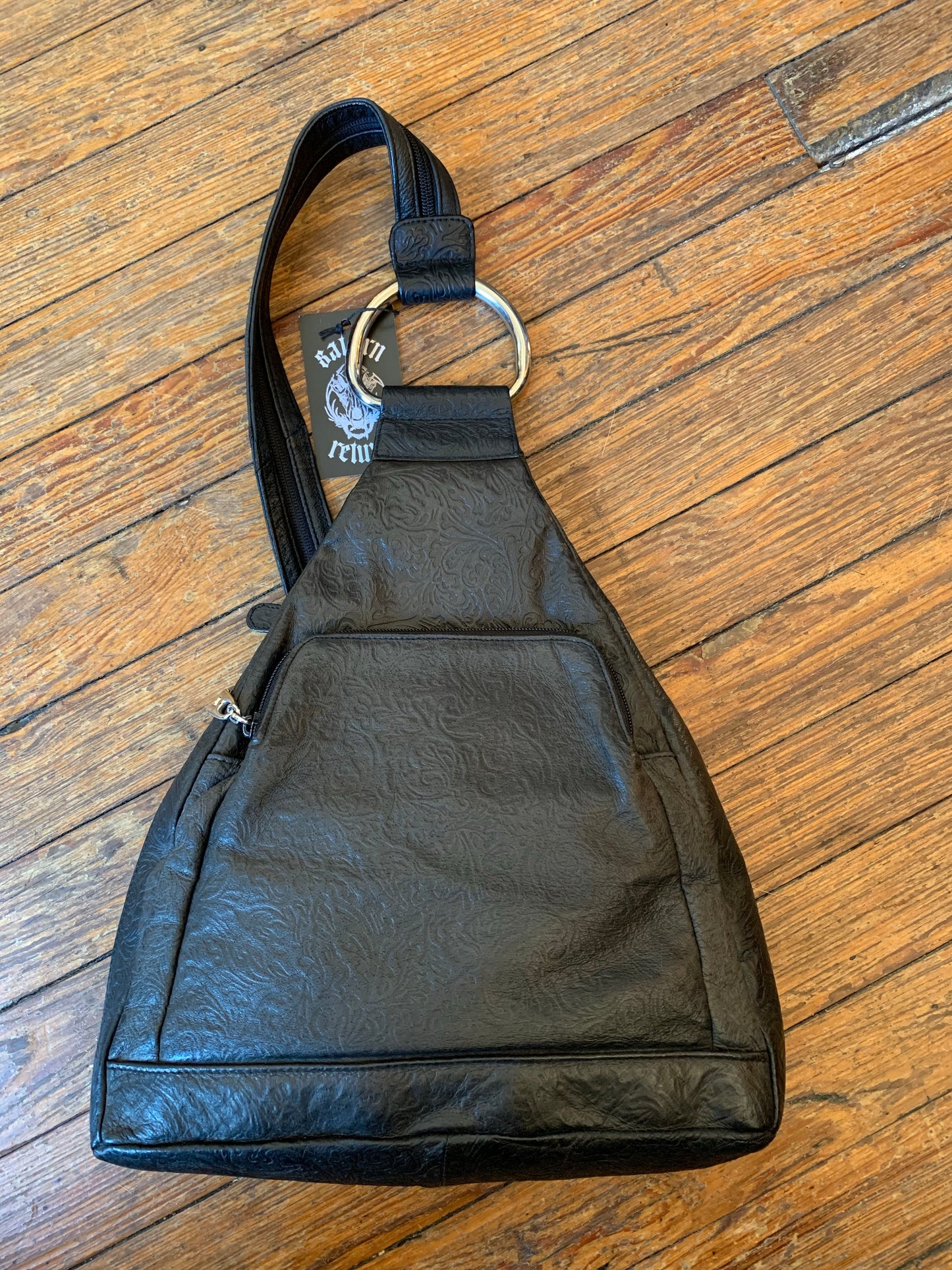 Black Embossed Leather D-Ring Backpack