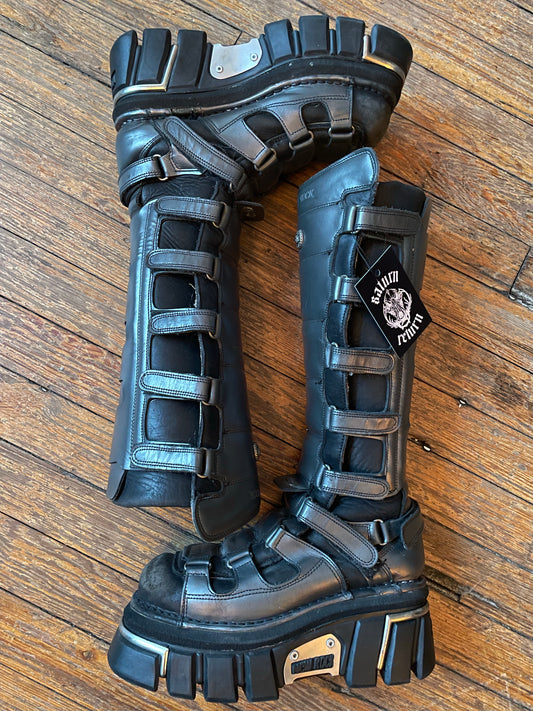 Vintage New Rock Tall Black and Grey Cyber Punk Velcro Boots