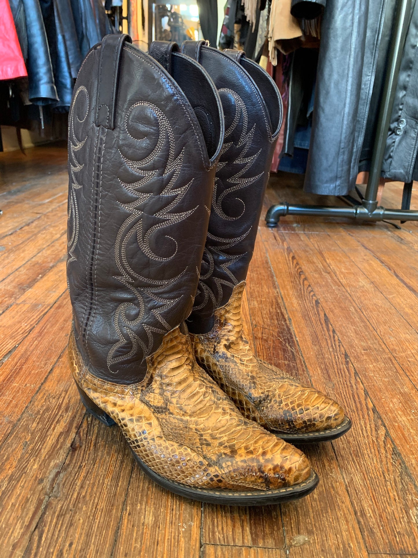 Vintage Acme Brown and Tan Snakeskin Cowboy Boots