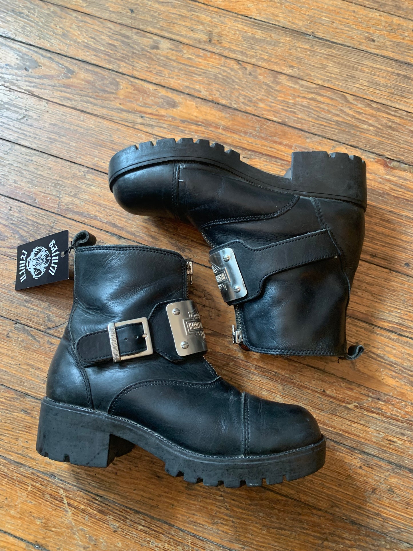 Vintage Harley-Davidson Black Leather Steel Buckle Boots