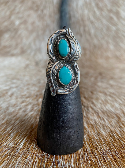 Sterling Silver Turquoise Double Stone Feather Ring