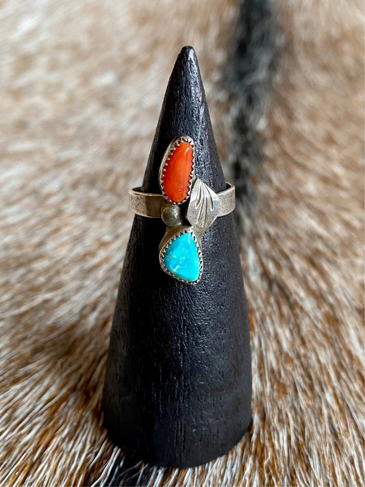 Vintage Sterling Silver Coral & Turquoise Ring